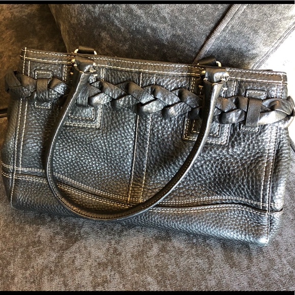 Black Pebbled Leather Coach Satchel; Hampton-Style, Braid, Tassel & Silver Trim - Picture 2 of 7